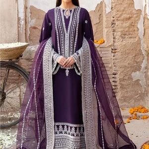 Elegant Purple Embroidered Dress 3 PCs plus size suit
